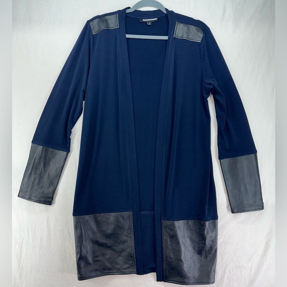 Anatomie Navy Long Sleeves Open Cardigan Black Lambskin Trim Zipper Wrist Size L